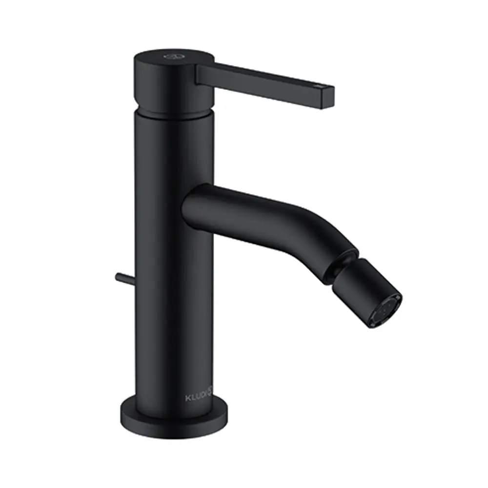 Schwarzer Kludi-Wasserhahn mit einem schwenkbaren Auslauf und einem Hebel an der Oberseite zur Steuerung des Wasserdurchflusses.